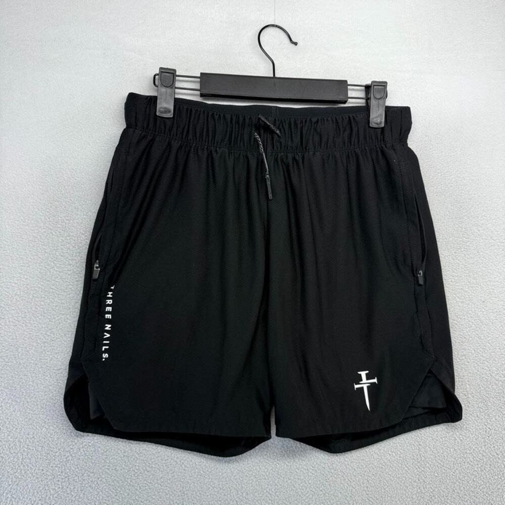 Three Nails Shorts Men's Small Black White Lined Running Athletic Workout Gym